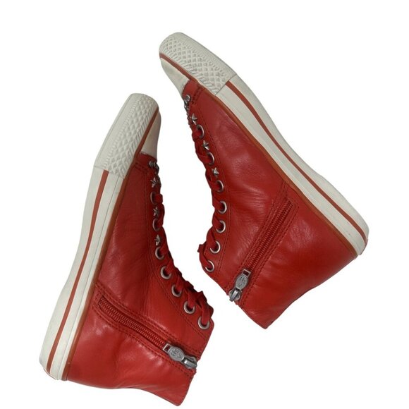 ASH Red Soft Leather High Top Sneakers Silver Studded Stars Distressed Toe 7 Y2K - Picture 7 of 13